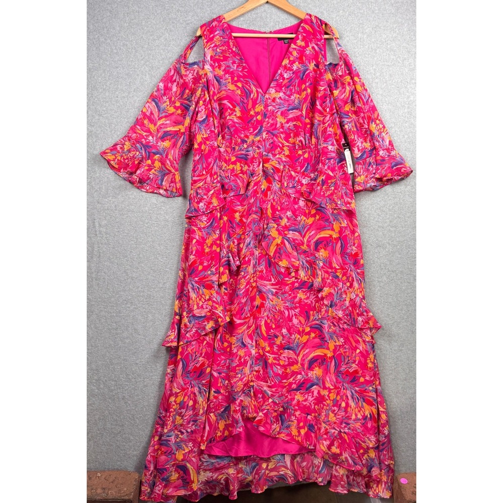 Tahari ASL Dress Womens 22W Pink Floral Ruffle Cold Shoulder Midi Maxi Plus NEW